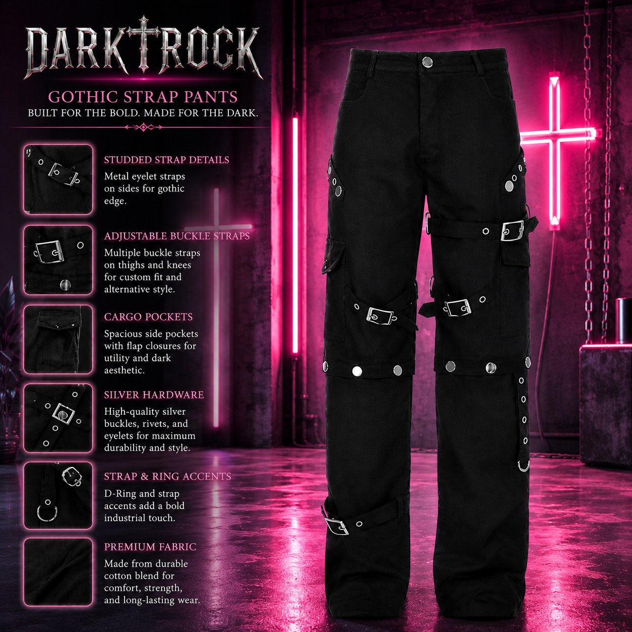 Men Gothic Bondage Pant Rock Hard Loose Punk Pants Detachable Uniform Trousers