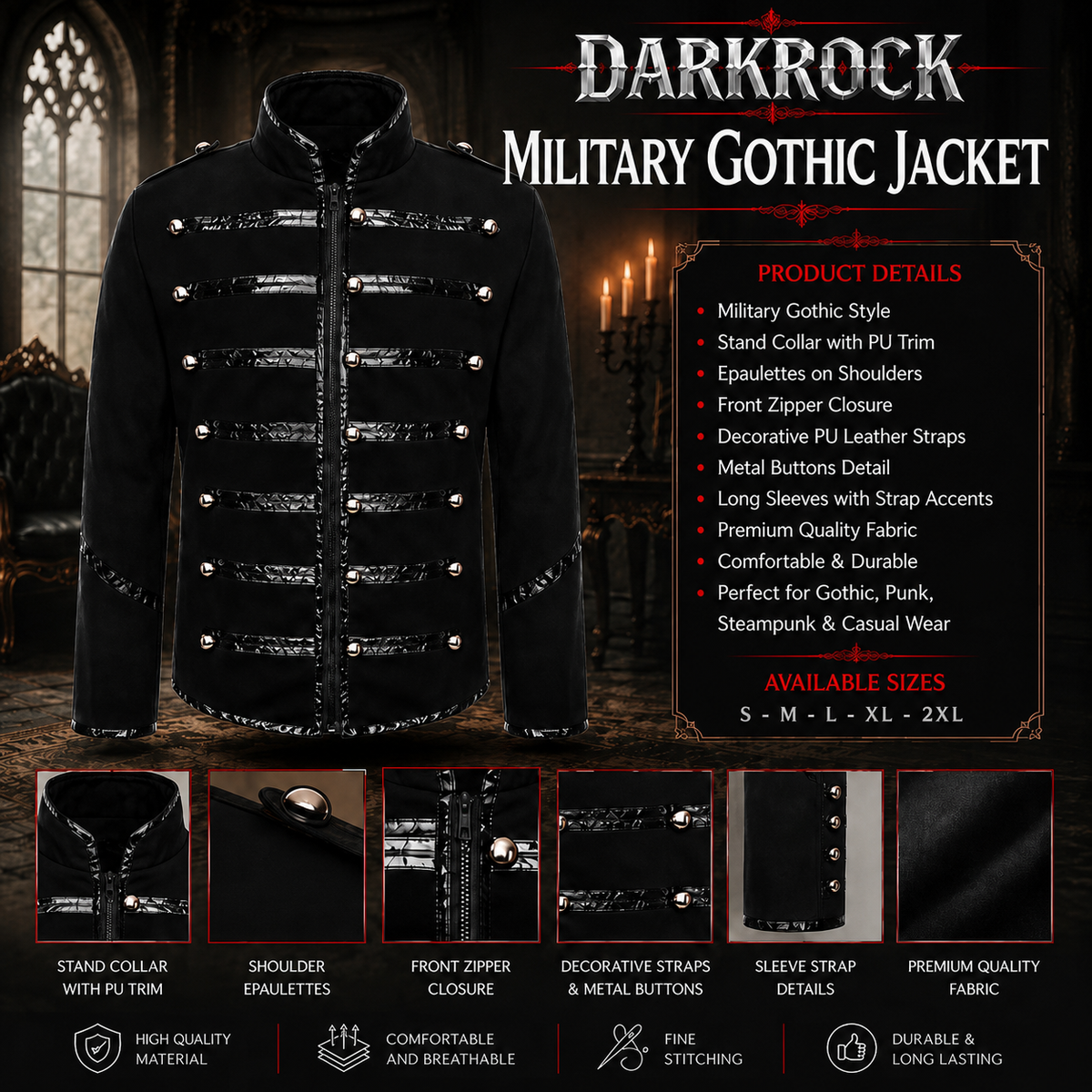 Men's Military Drummer Black Parade Jacket Black Gothic Band Uniform Coat Steampunk Punk