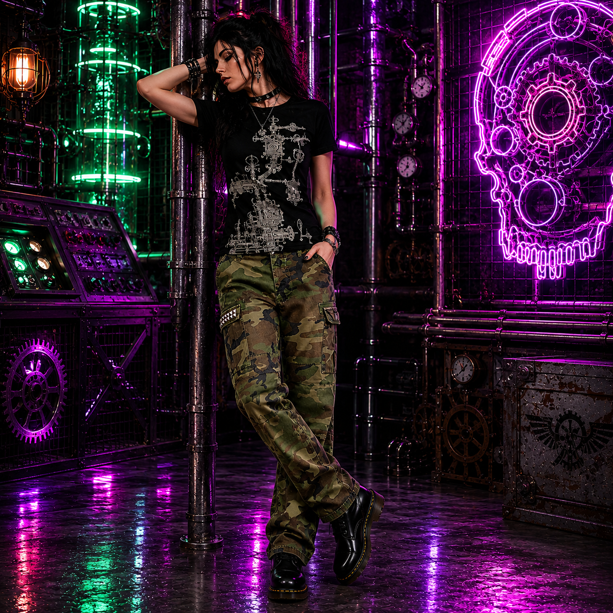 Gothic Cyber Steampunk Camo Army Military Biker Jeans Punk Rock Pants Marines