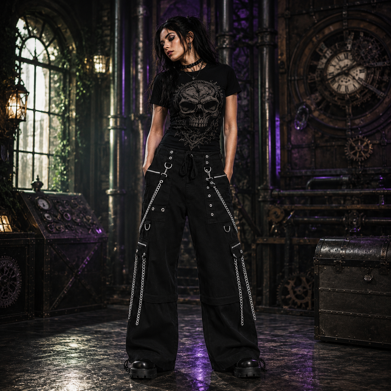 Gothic Straps Zipper Trousers Punk Rock Studs Metal Amp Chain Trouser Pants