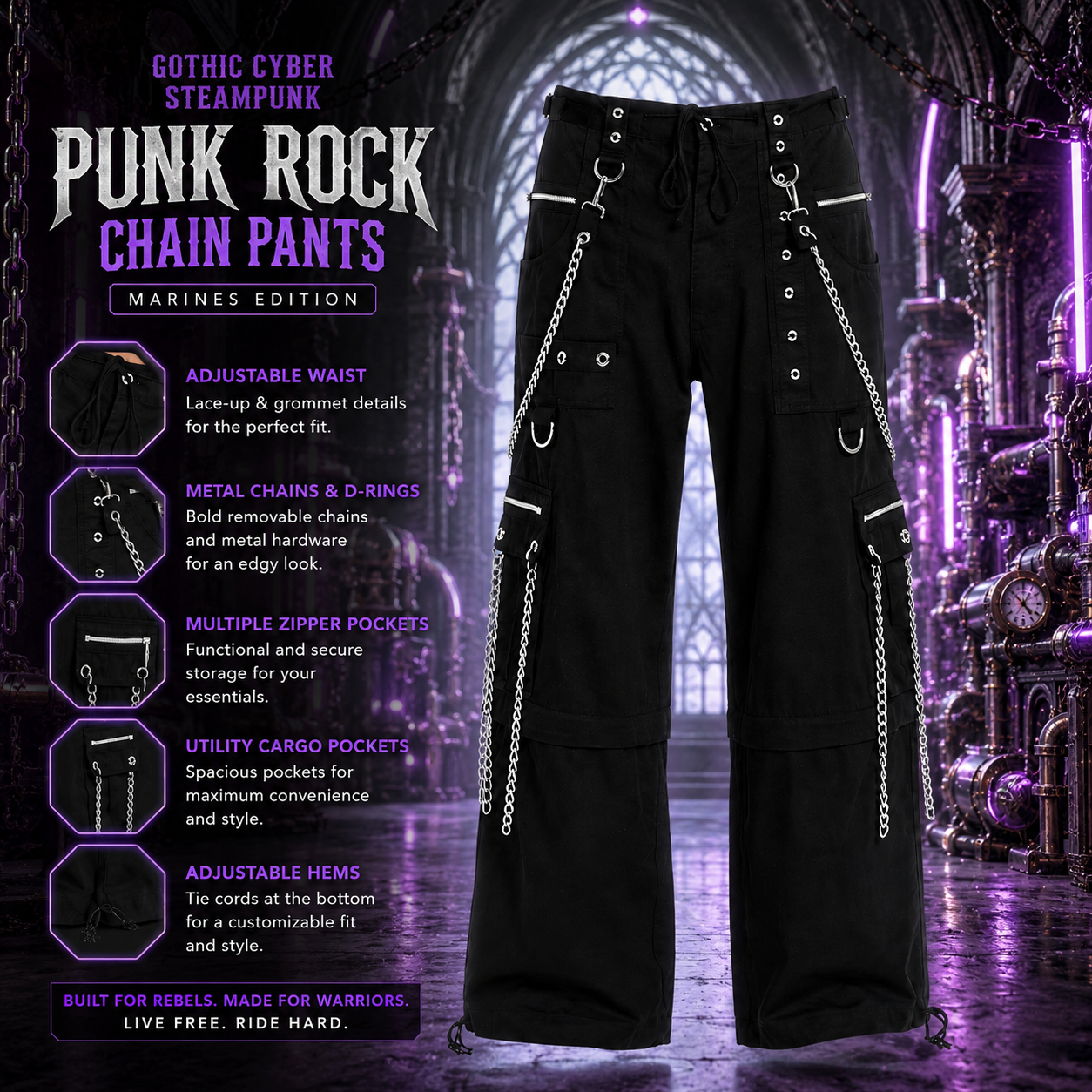 Gothic Straps Zipper Trousers Punk Rock Studs Metal Amp Chain Trouser Pants