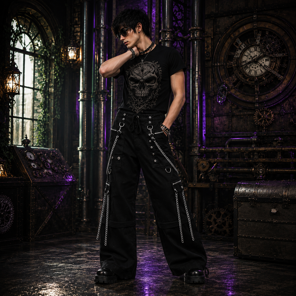 Gothic Straps Zipper Trousers Punk Rock Studs Metal Amp Chain Trouser Pants