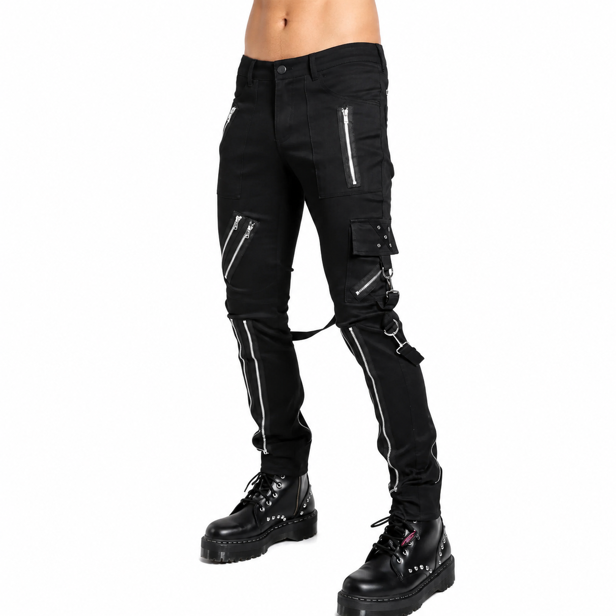 Gothic Straps Zipper Trousers Punk Rock Studs Metal Chain Trouser Pant