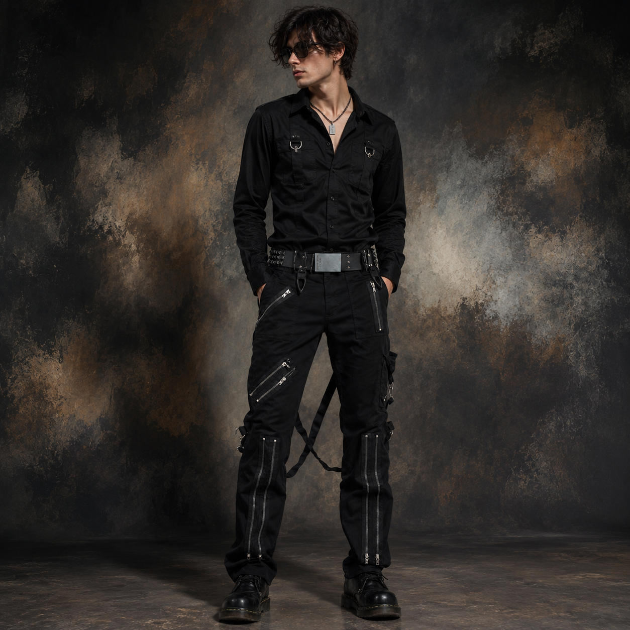 Gothic Straps Zipper Trousers Punk Rock Studs Metal Chain Trouser Pant