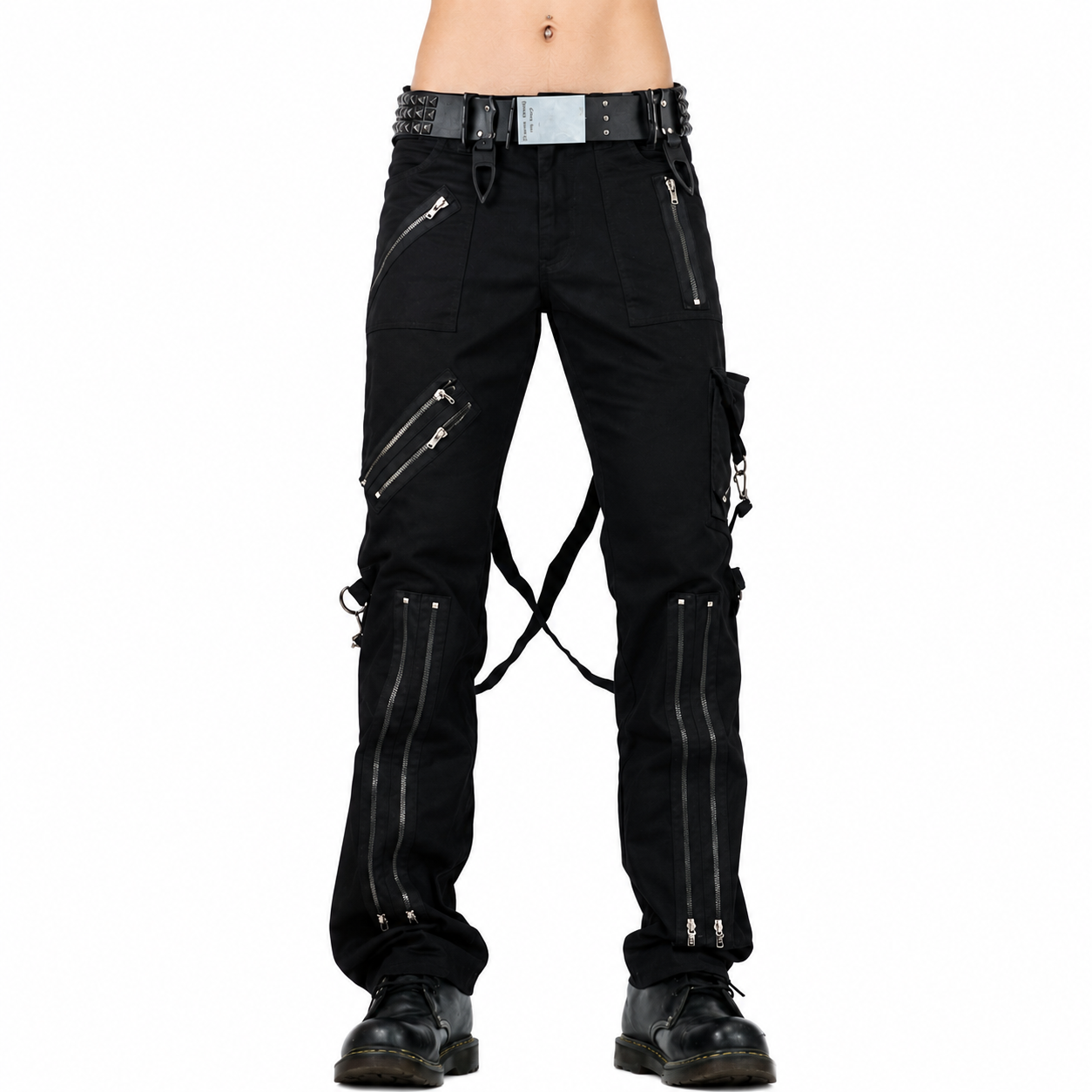 Gothic Straps Zipper Trousers Punk Rock Studs Metal Chain Trouser Pant