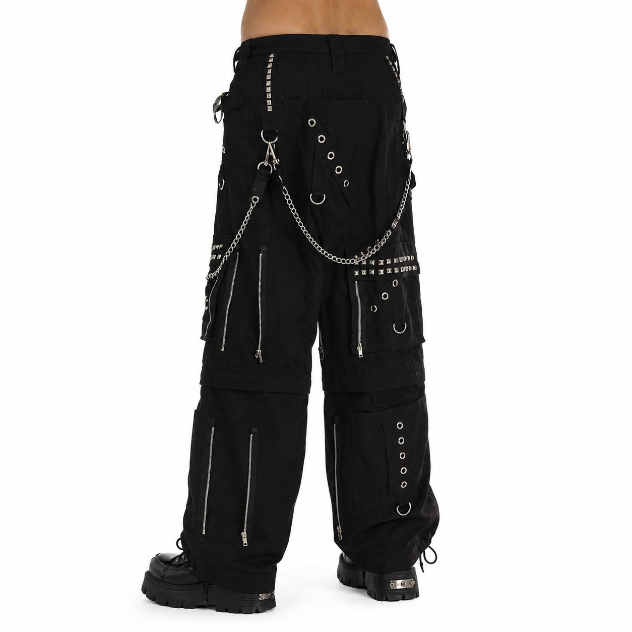 Gothic Men Black Chrome Trousers Punk Rock Studs Metal Chain Trouser