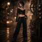 Gothic Men Black Chrome Trousers Punk Rock Studs Metal Chain Trouser