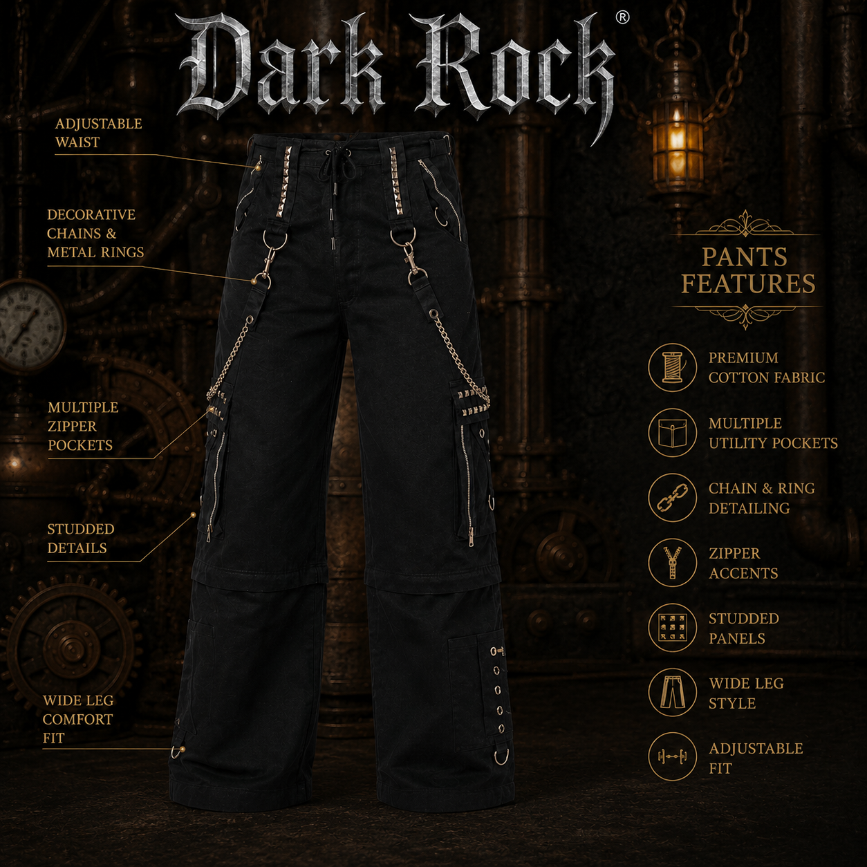 Gothic Men Black Chrome Trousers Punk Rock Studs Metal Chain Trouser