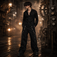 Gothic Men Black Chrome Trousers Punk Rock Studs Metal Chain Trouser