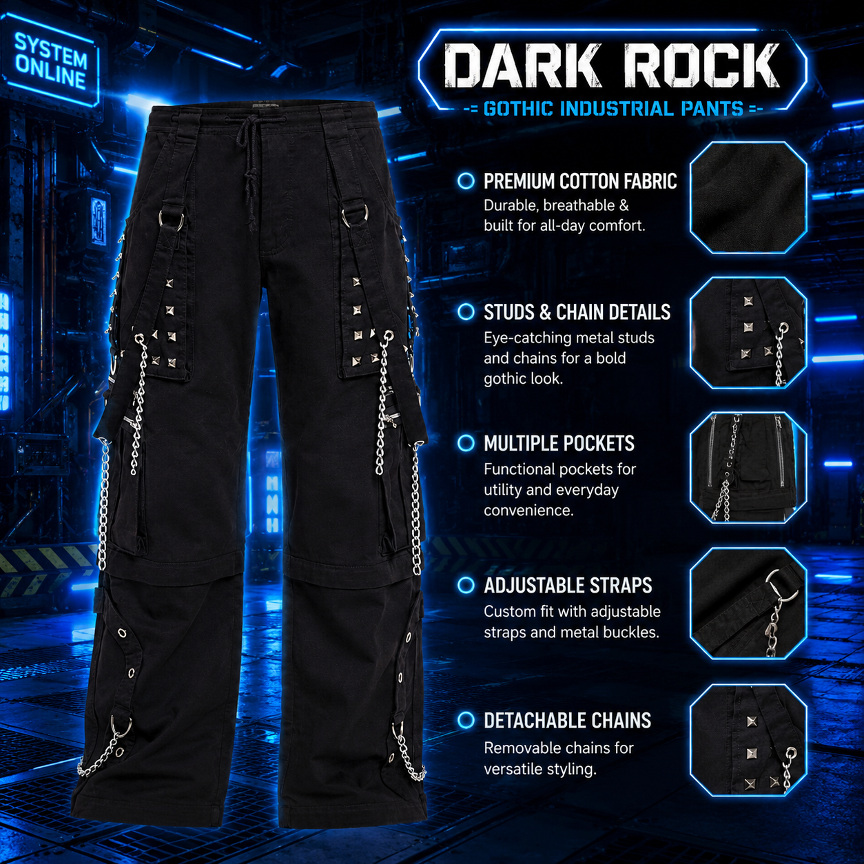 Men's Electro Bondage Rave Gothic Cyber Chain Goth Jeans Punk Rock Pants