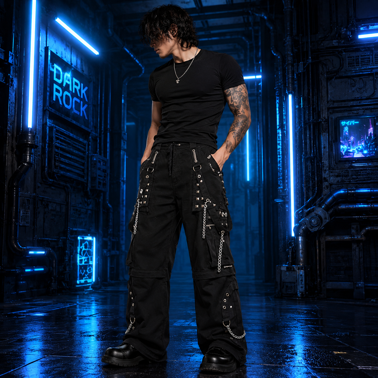 Men's Electro Bondage Rave Gothic Cyber Chain Goth Jeans Punk Rock Pants