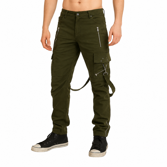 Gothic Bondage Straps Zipper Gothic Punk Army Green Goth Jeans Pants