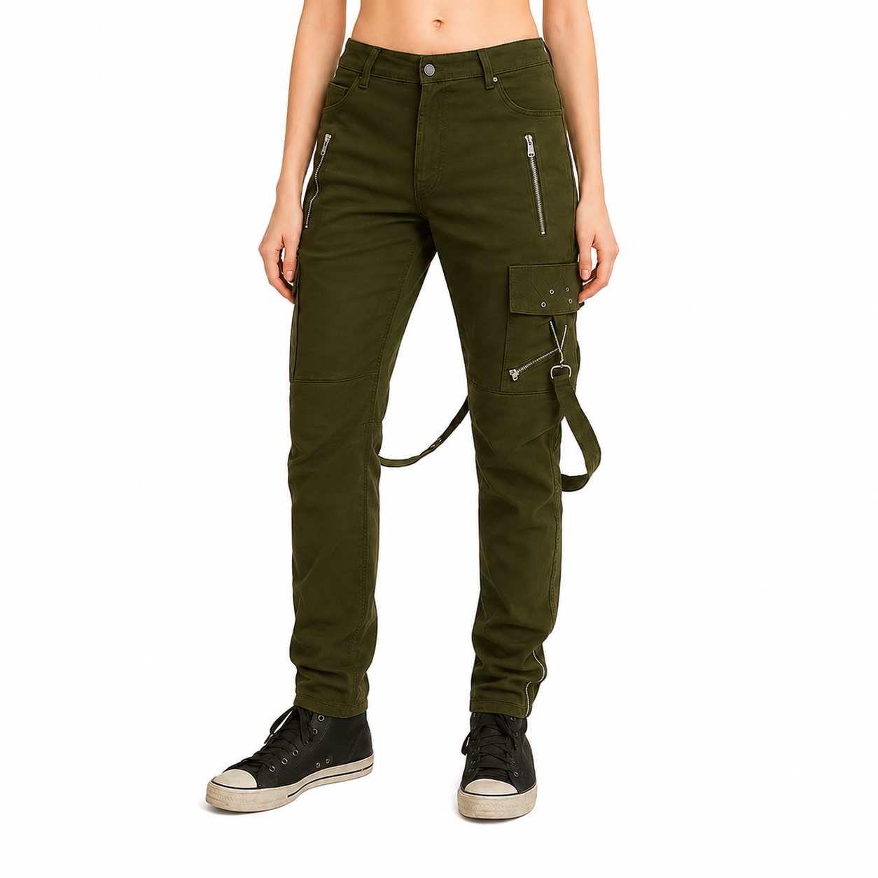 Gothic Bondage Straps Zipper Gothic Punk Army Green Goth Jeans Pants