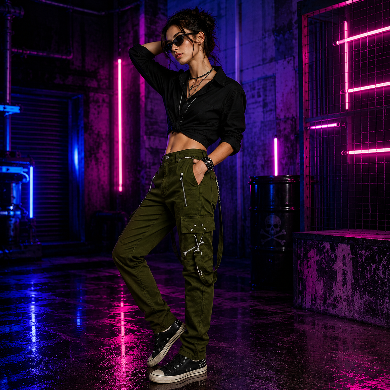 Gothic Bondage Straps Zipper Gothic Punk Army Green Goth Jeans Pants