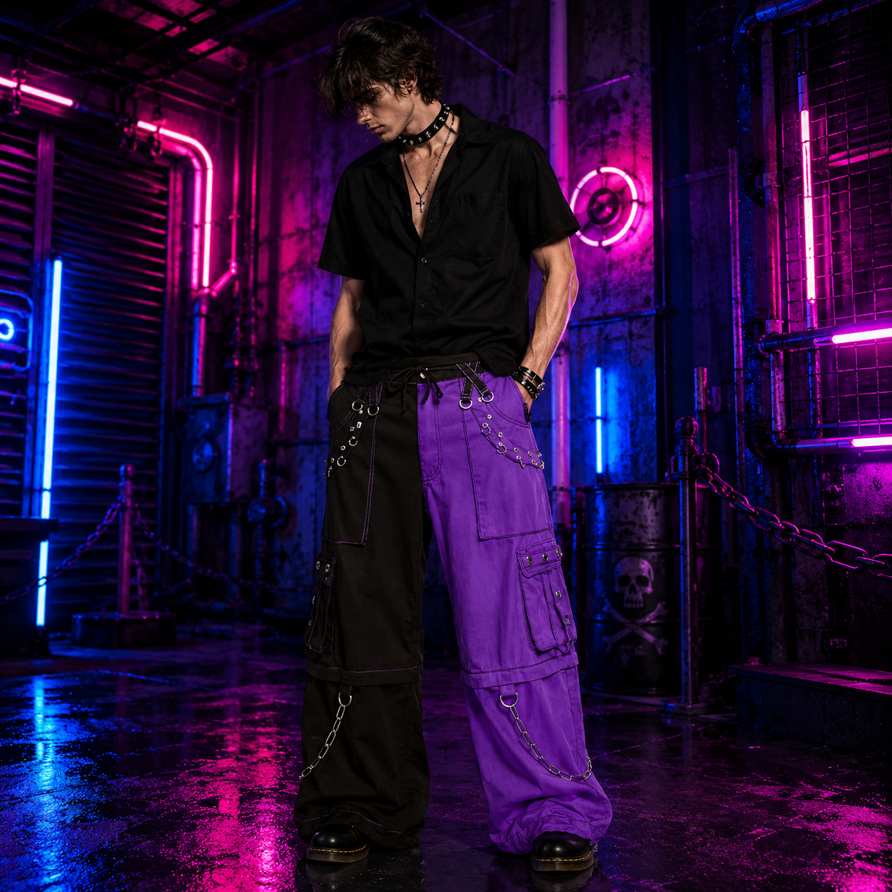 Gothic Bondage Men Pant Alternative Punk Rock Transformer Trouser Purple Baggy Pants