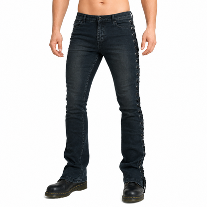 DARKROCK LACE UP ROCKER FIT RIFF BOOT CUT GOTHIC PUNK STAGE BLACK JEANS PANTS BIKER