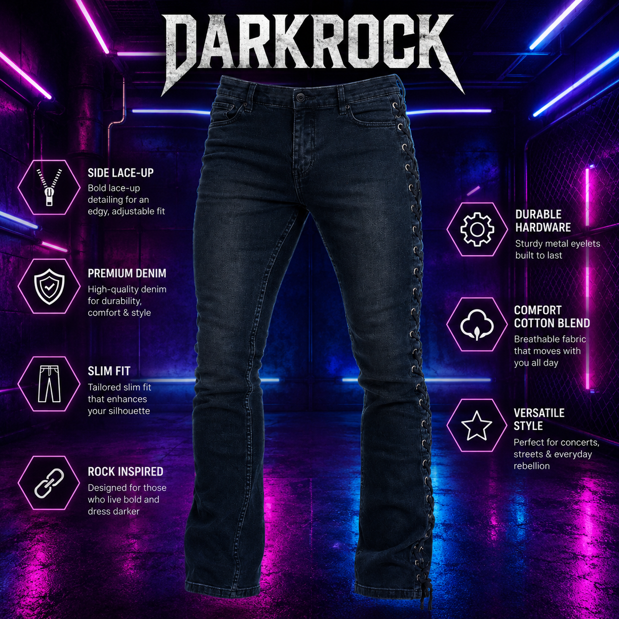DARKROCK LACE UP ROCKER FIT RIFF BOOT CUT GOTHIC PUNK STAGE BLACK JEANS PANTS BIKER