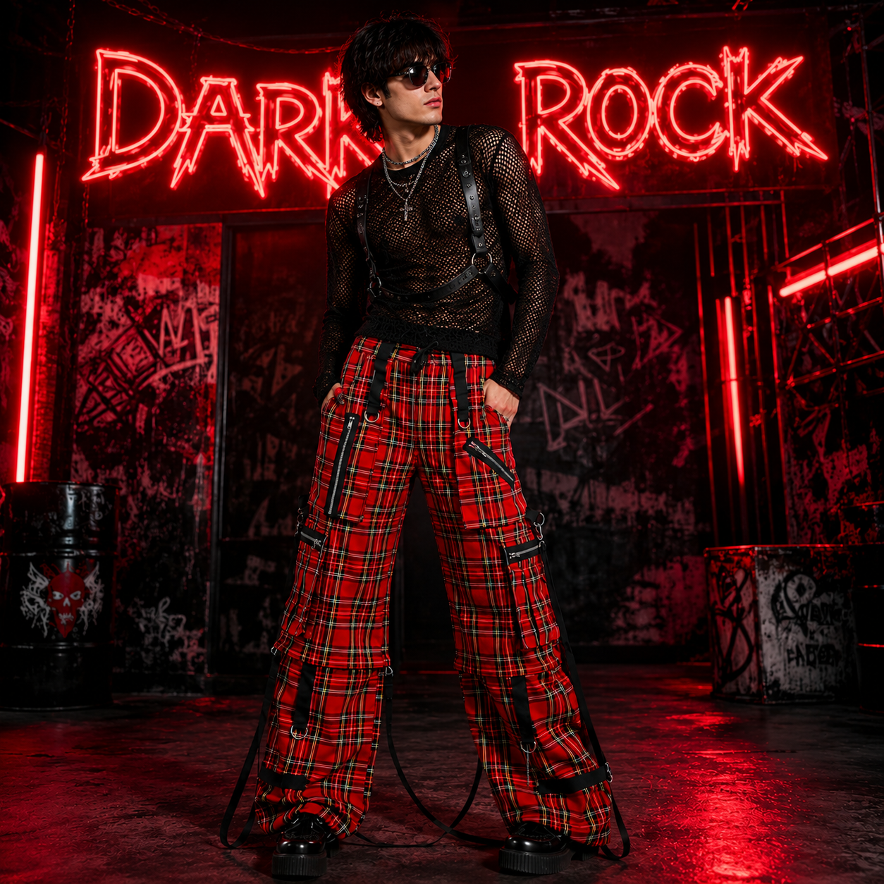 Gothic Bondage Red Plaid Men Pant Alternative Punk Rock Emo Trouser Pant Shorts