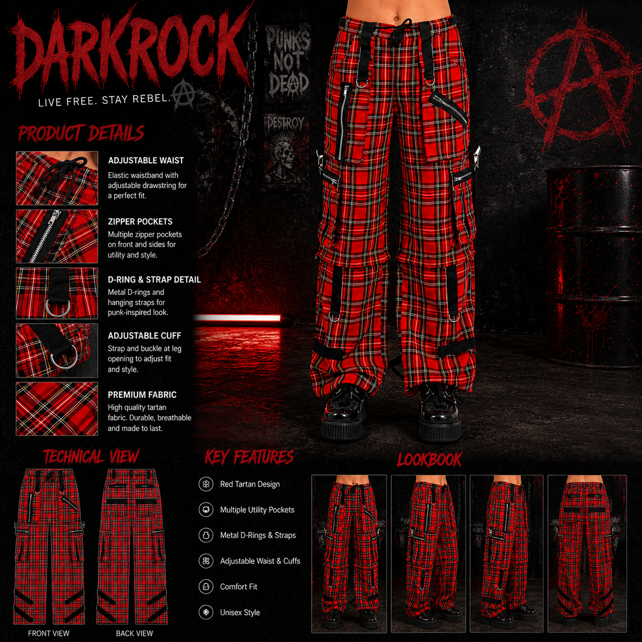 Gothic Bondage Red Plaid Men Pant Alternative Punk Rock Emo Trouser Pant Shorts