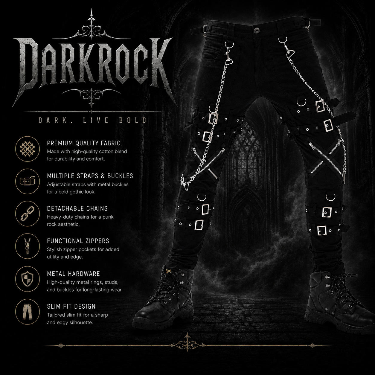 Gothic Bondage Rock Black Punk Buckle Zips Chain Strap Trousers Pants Usa