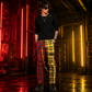Men Bondage Straps Punk Split Leg Plaid Jeans Pant Alternative Rebel Rock Emo
