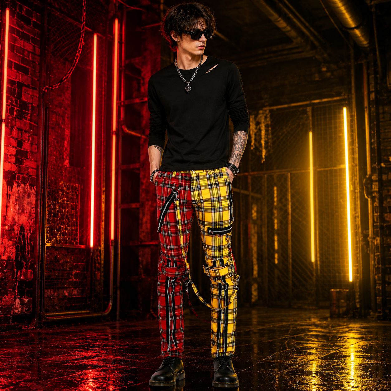 Men Bondage Straps Punk Split Leg Plaid Jeans Pant Alternative Rebel Rock Emo