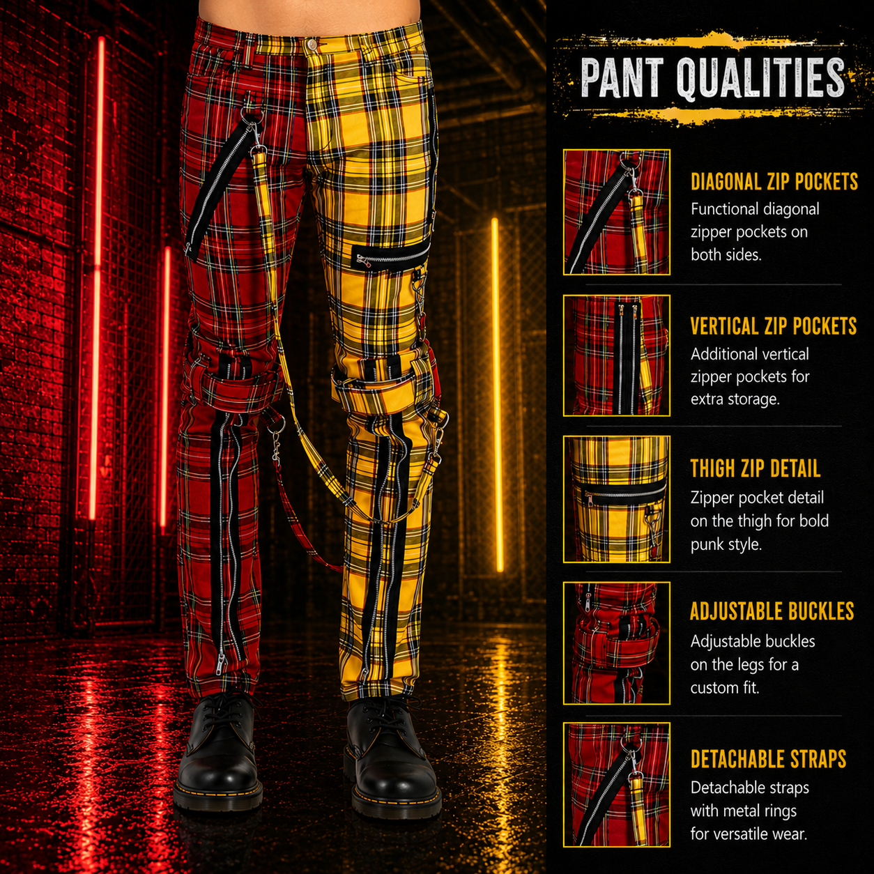 Men Bondage Straps Punk Split Leg Plaid Jeans Pant Alternative Rebel Rock Emo