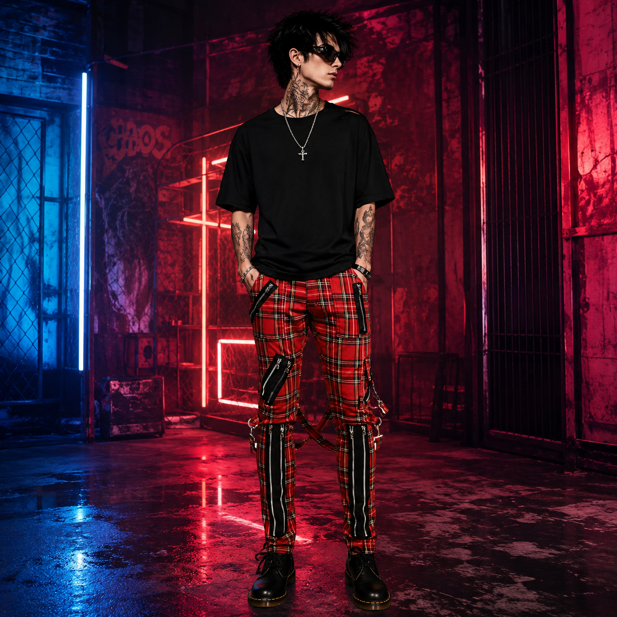Gothic Bondage Red Straps Men Pant Alternative Punk Rebel Rock Emo Trouser Jeans Pant