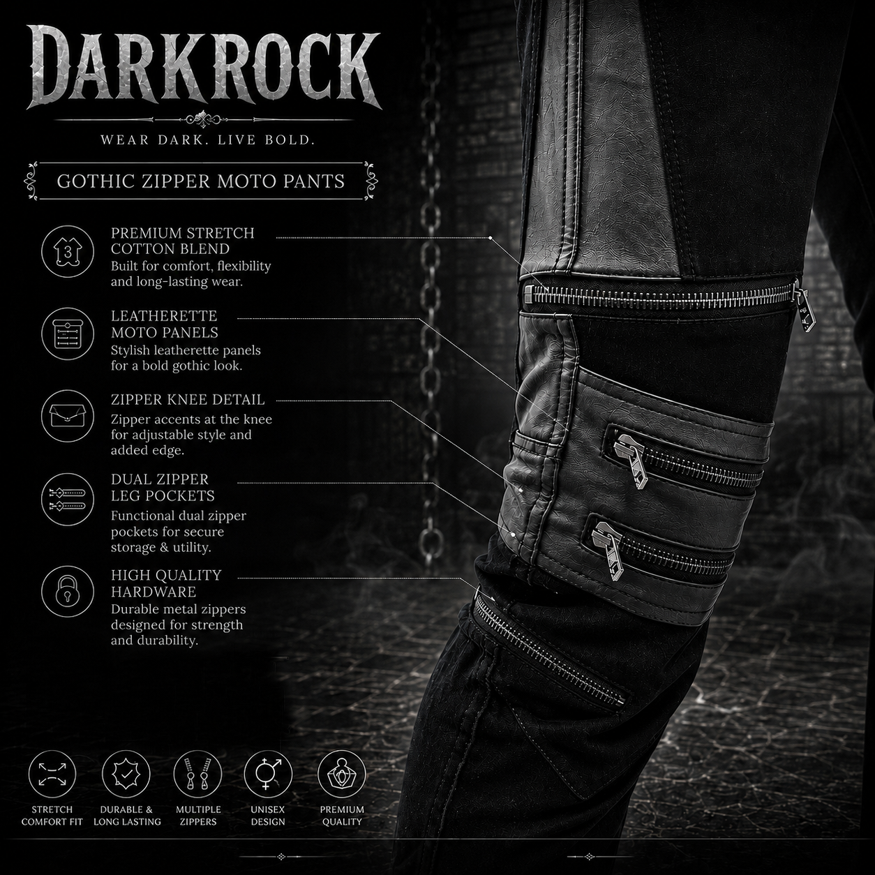 GOTHIC BONDAGE JEANS HEAVY WEIGHT ZIPPER PUNK ROCK GOTH TROUSER PANTS