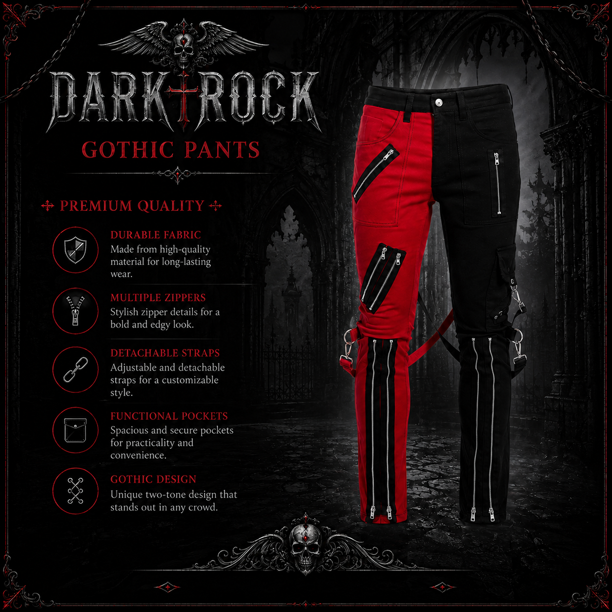 Men Gothic Split Leg Bondage Pant Rock Hard Trouser Heavy Weight Emo Pants
