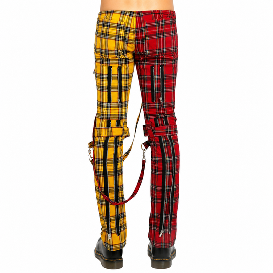 Men Bondage Straps Punk Split Leg Plaid Jeans Pant Alternative Rebel Rock Emo