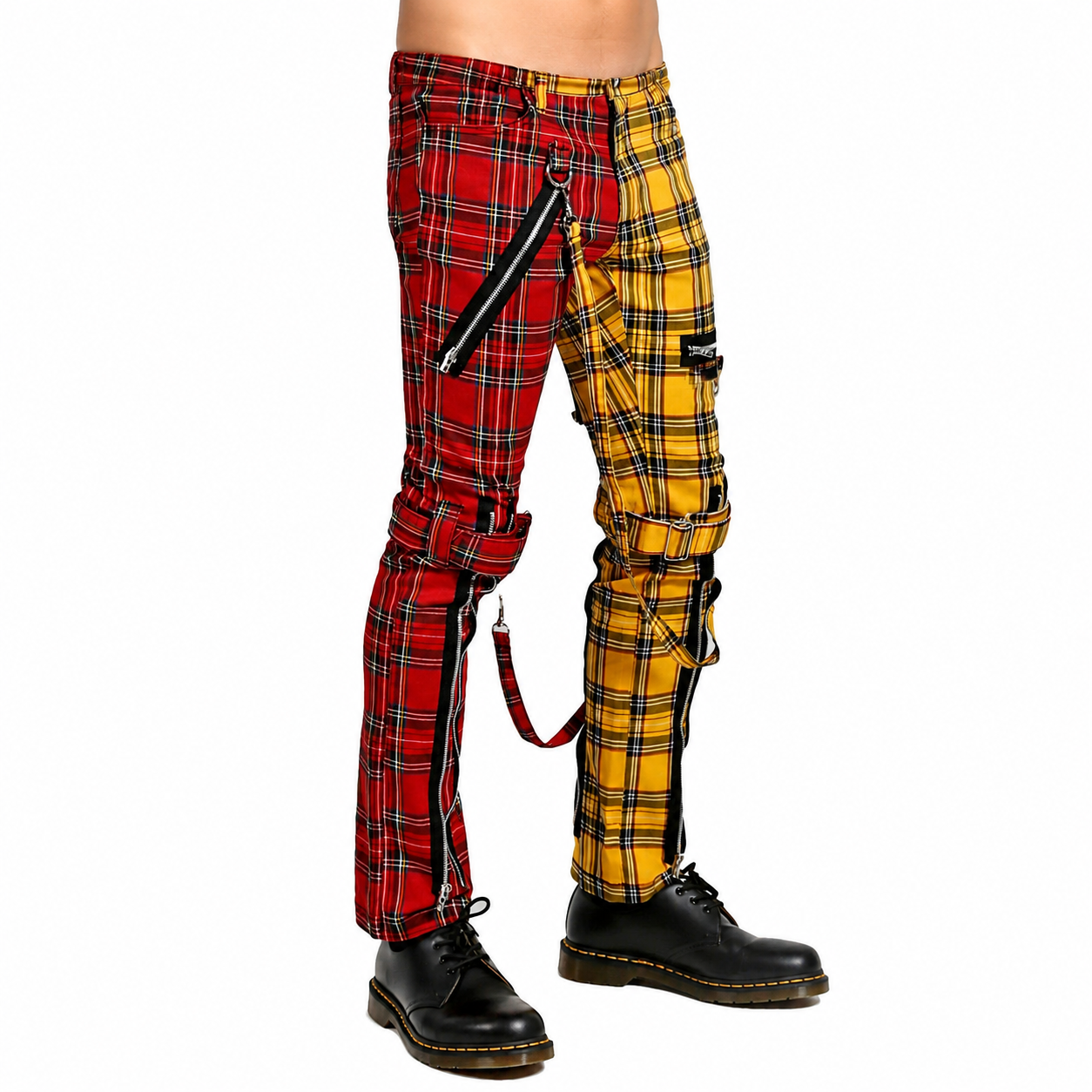 Men Bondage Straps Punk Split Leg Plaid Jeans Pant Alternative Rebel Rock Emo
