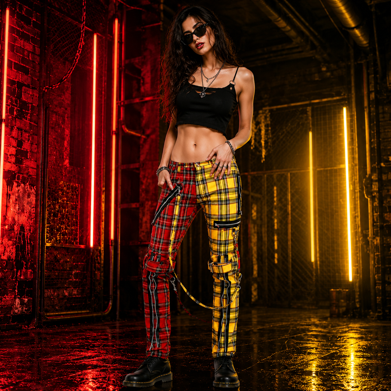 Men Bondage Straps Punk Split Leg Plaid Jeans Pant Alternative Rebel Rock Emo