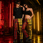 Men Bondage Straps Punk Split Leg Plaid Jeans Pant Alternative Rebel Rock Emo