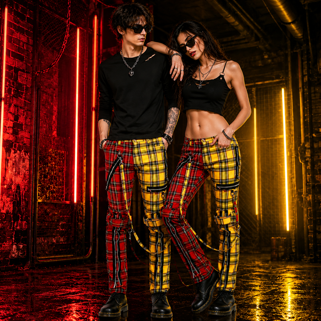 Men Bondage Straps Punk Split Leg Plaid Jeans Pant Alternative Rebel Rock Emo
