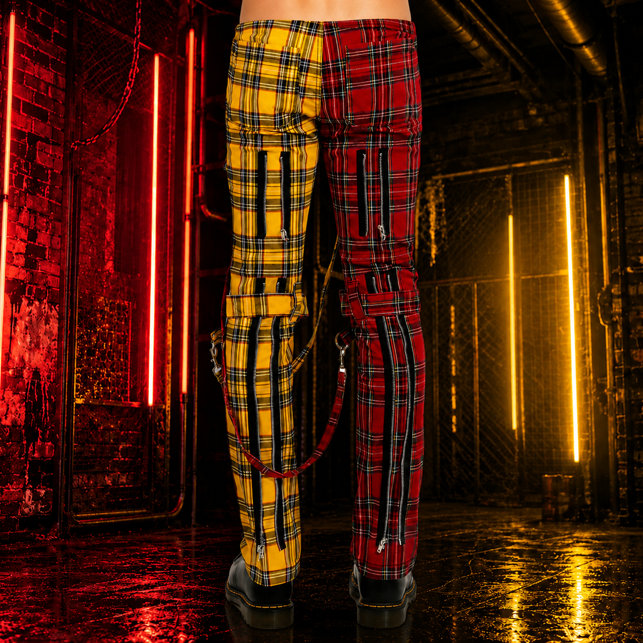 Men Bondage Straps Punk Split Leg Plaid Jeans Pant Alternative Rebel Rock Emo