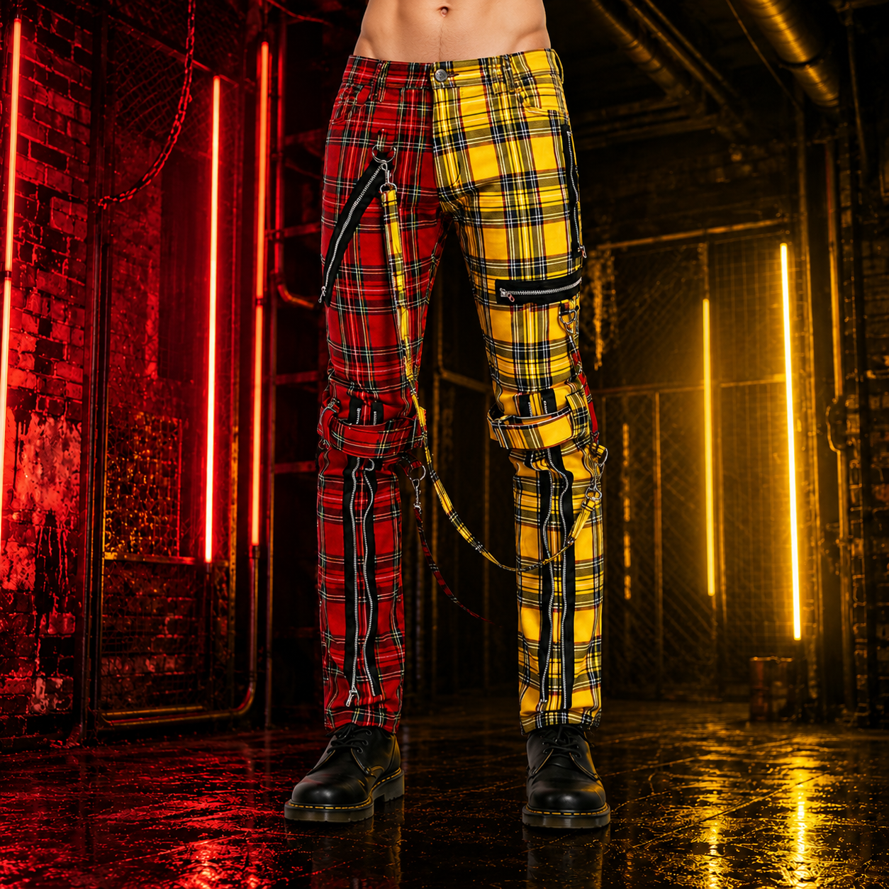 Men Bondage Straps Punk Split Leg Plaid Jeans Pant Alternative Rebel Rock Emo