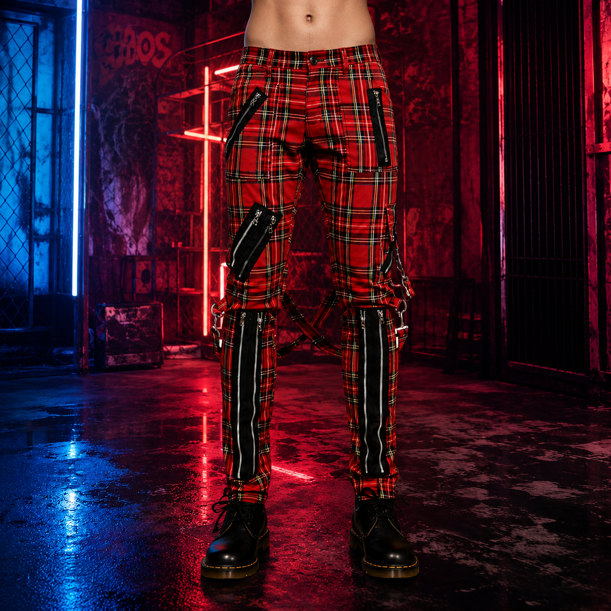 Gothic Bondage Red Straps Men Pant Alternative Punk Rebel Rock Emo Trouser Jeans Pant