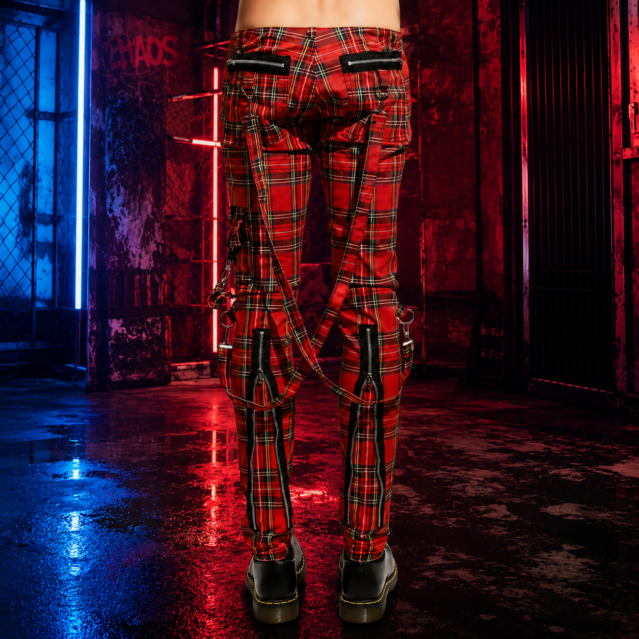 Gothic Bondage Red Straps Men Pant Alternative Punk Rebel Rock Emo Trouser Jeans Pant