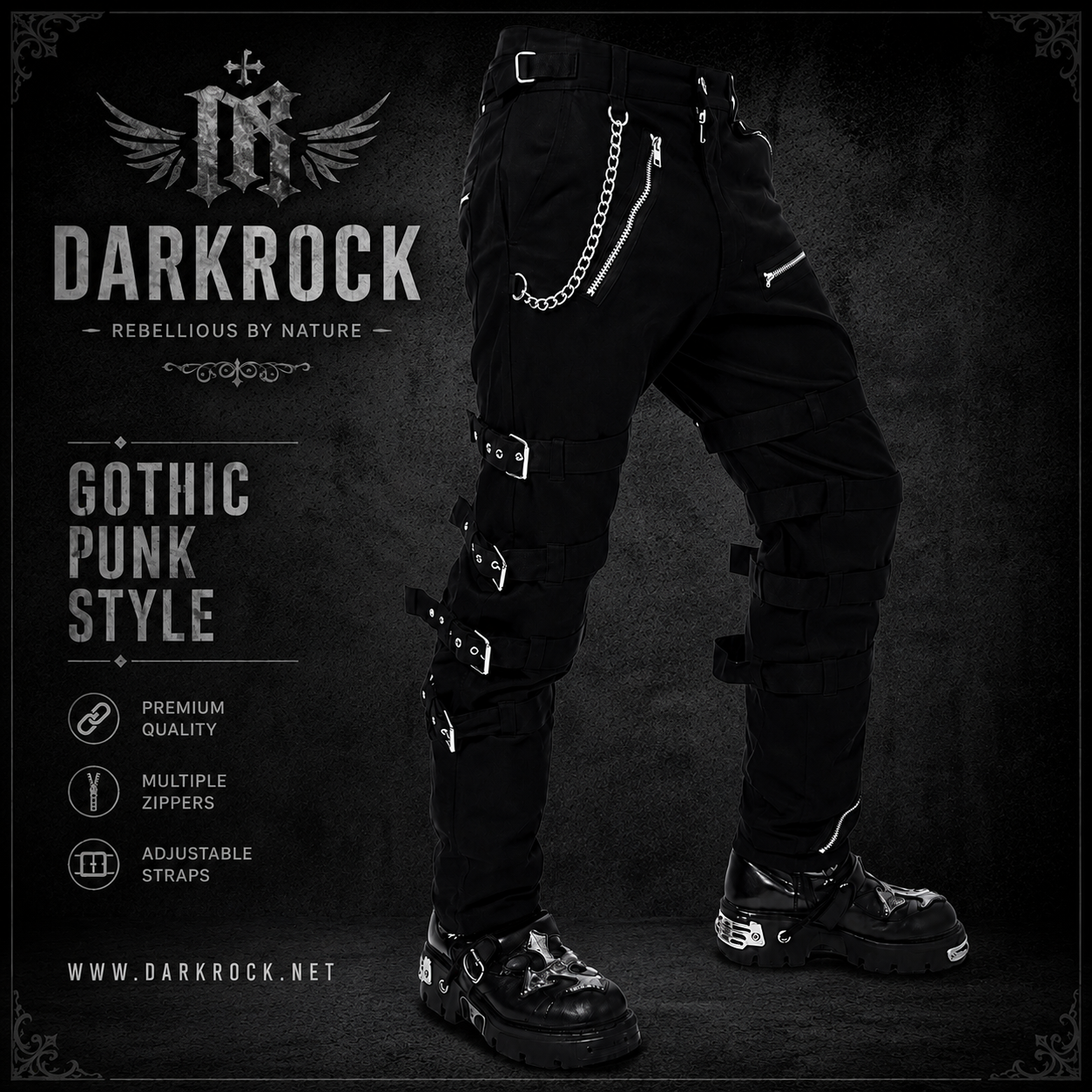 Men's Bondage Black Goth Punk Rock Morte Pants Buckle Chain Trouser Pants
