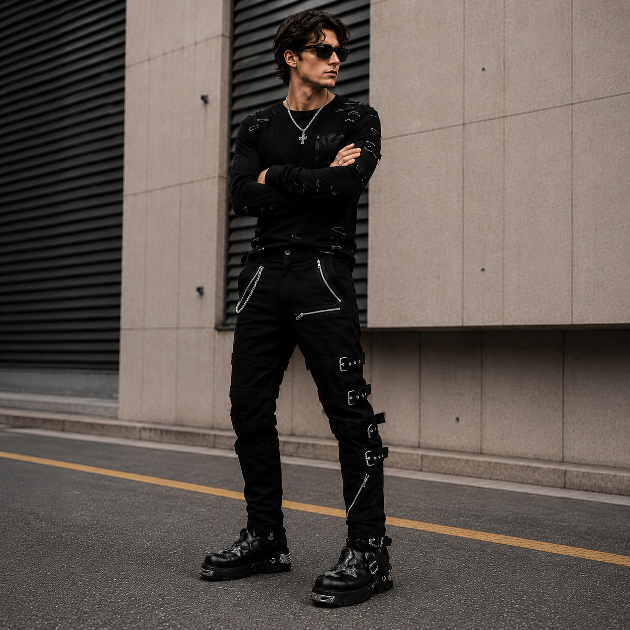 Men's Bondage Black Goth Punk Rock Morte Pants Buckle Chain Trouser Pants