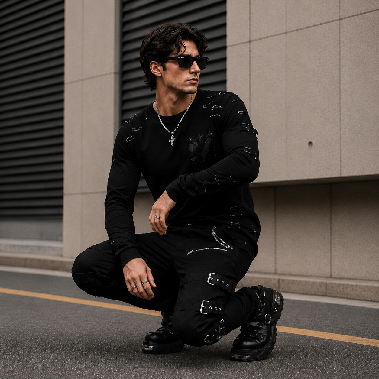 Men's Bondage Black Goth Punk Rock Morte Pants Buckle Chain Trouser Pants