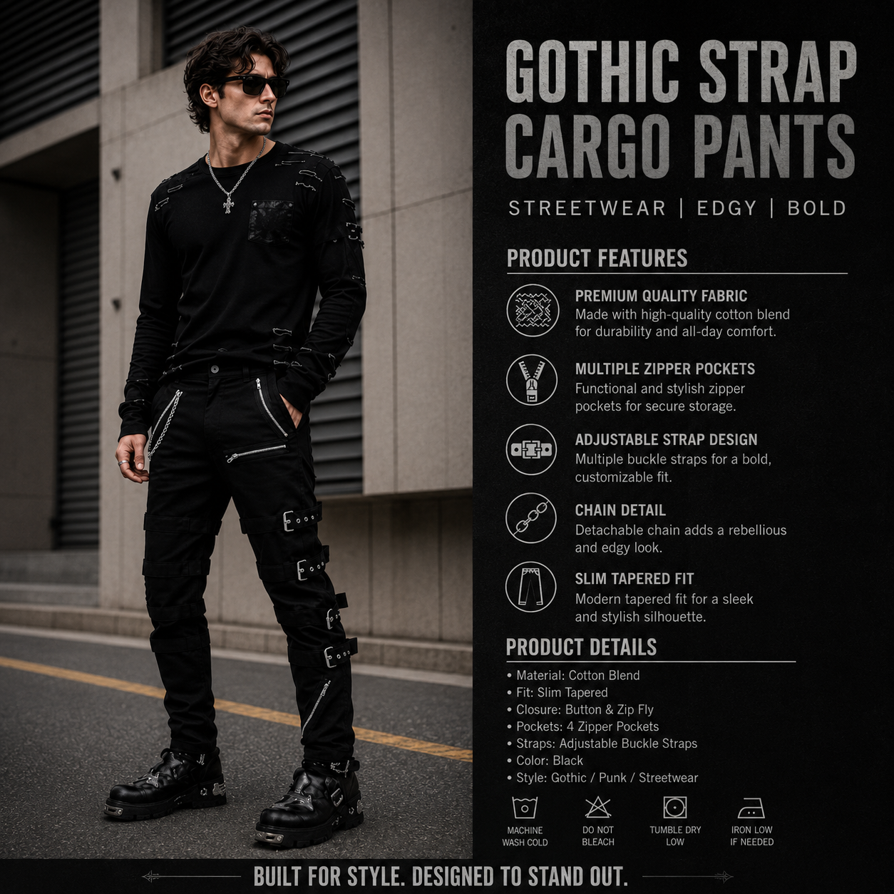 Men's Bondage Black Goth Punk Rock Morte Pants Buckle Chain Trouser Pants