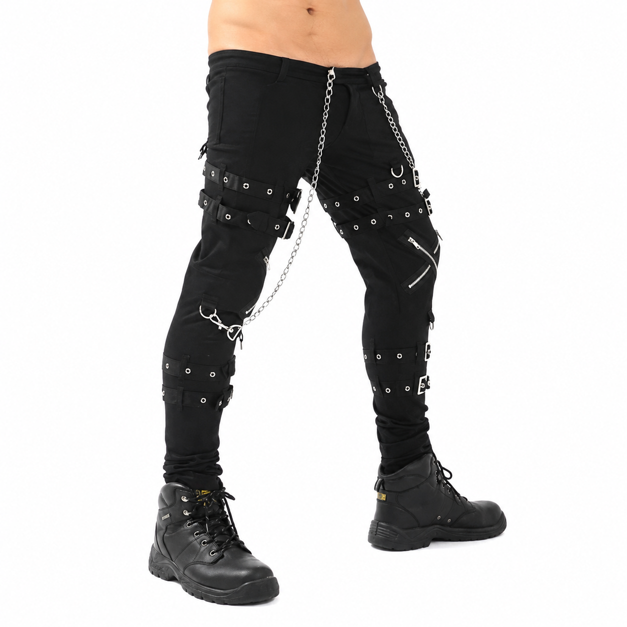 Gothic Bondage Rock Black Punk Buckle Zips Chain Strap Trousers Pants Usa