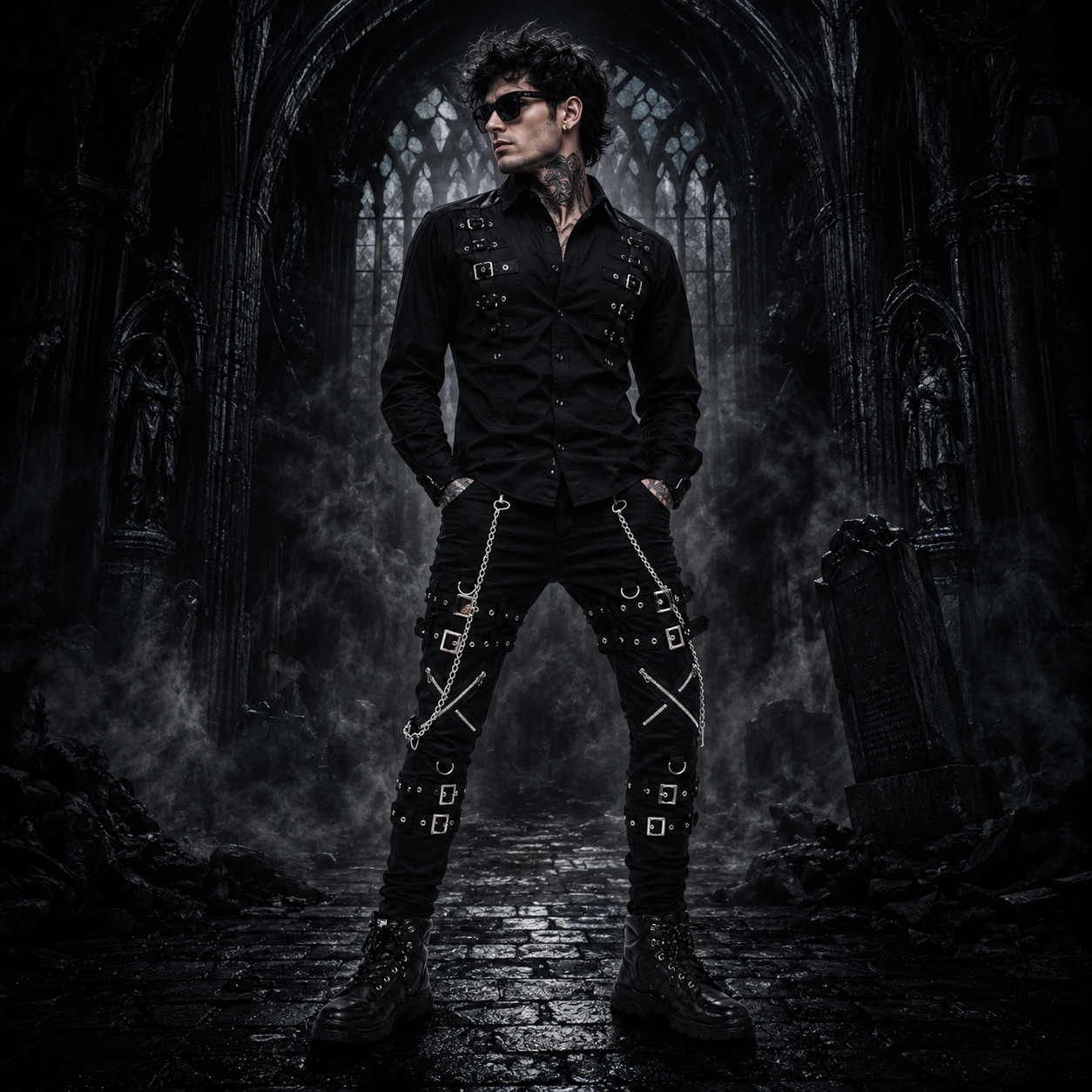 Gothic Bondage Rock Black Punk Buckle Zips Chain Strap Trousers Pants Usa