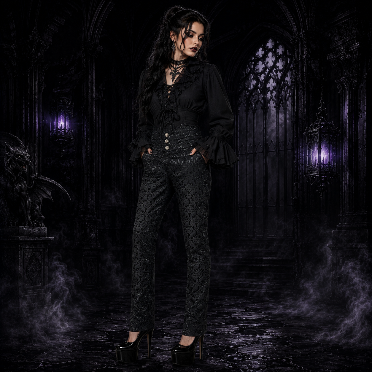 Men's Obscura Trousers Pants Steampunk Black Brocade Vintage Gothic Victorian