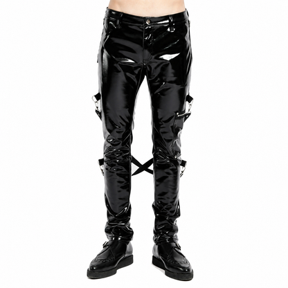 SKINNY JEANS BLACK GOTHIC SUPREME CHAOS VINYL PUNK REBEL PANTS WITH STRAP