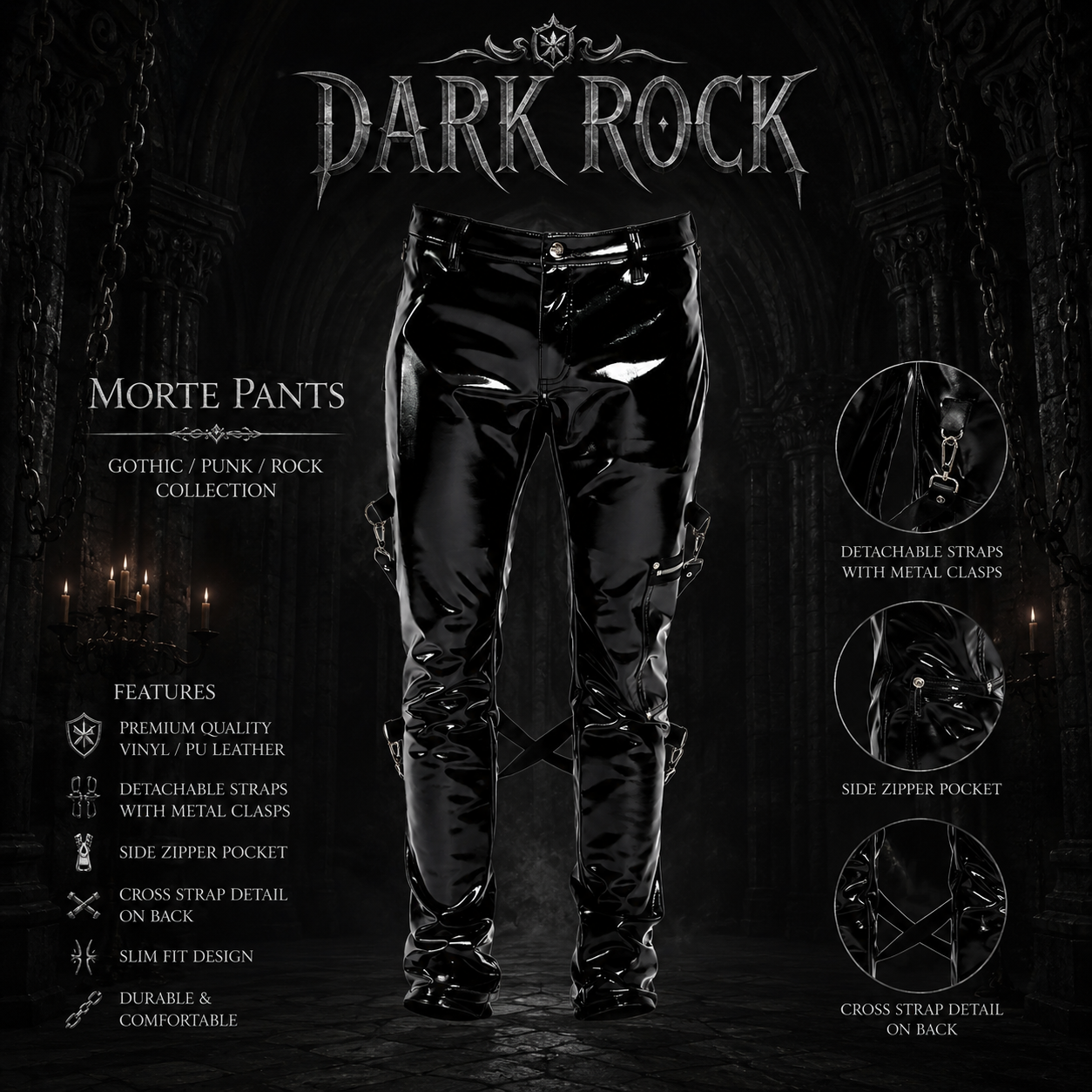SKINNY JEANS BLACK GOTHIC SUPREME CHAOS VINYL PUNK REBEL PANTS WITH STRAP