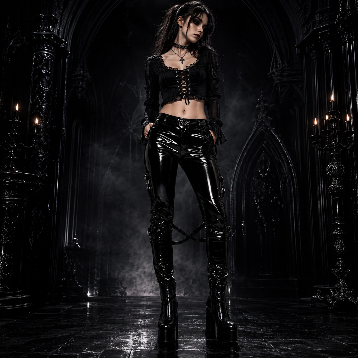 SKINNY JEANS BLACK GOTHIC SUPREME CHAOS VINYL PUNK REBEL PANTS WITH STRAP