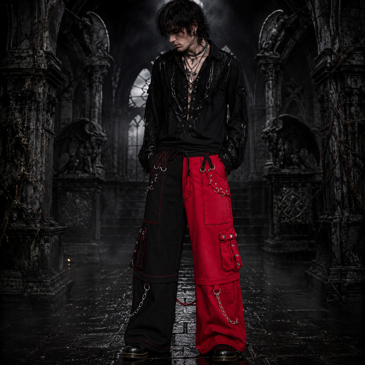 Men Bondage Trouser Punk Rock Transformer Baggy Black Split Leg Pants Emo